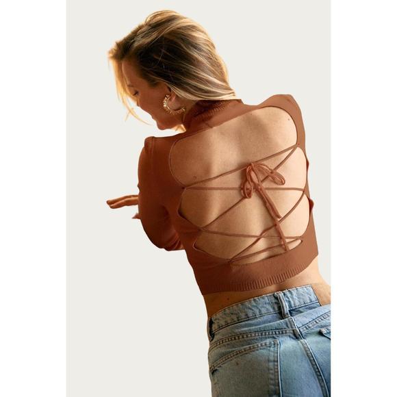 NEW ENDLESS BLU. cropped open-back mock neck sweater in amber brown - Picture 2 of 2